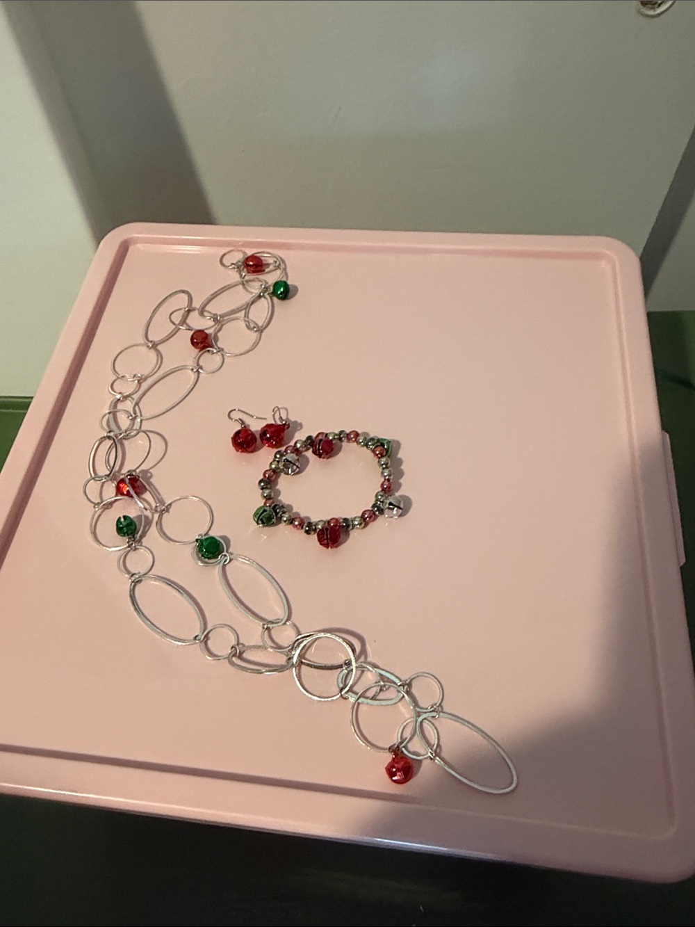 Silver Link Necklace, earrings & Beaded Bracelet Set with Red and Green Accents